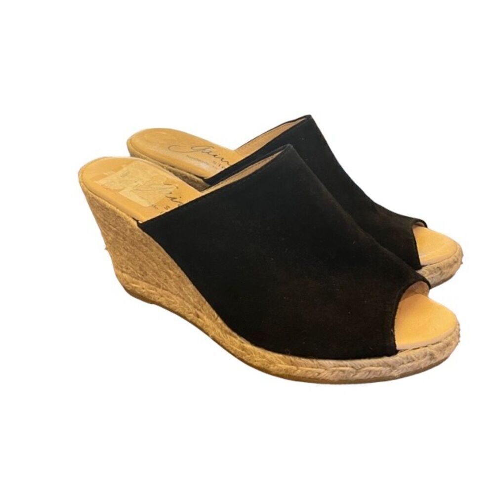 Gaimo Suede Wedges Black Slip On Slide Peep‎ Toe Espadrille Size EU 40 US 9.5